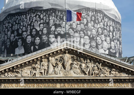 Paris - The facade of Pantheon against the background of repaired dome.  Construction of the building started in 1757 and was finished in 1791 Stock Photo