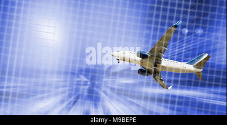 Airliner in motion on background of high speed traveling in sky Stock Photo