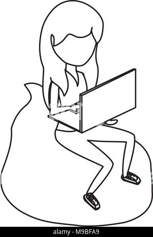 avatar woman sitting on a bean bag and using a laptop computer over white background, vector illustration Stock Vector
