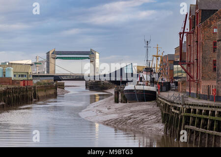 Kingston upon Hull, England, UK - May 02, 2016: View from Clarence St over the River Hull with the Swing Bridge, Myton Bridge