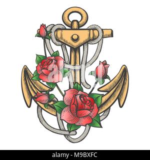 Hand drawn anchor with ropes and roses drawm in tattoo style. Vector illustration. Stock Vector