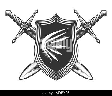 Shield with wing emblem and swords drawn in engraving style. Vector illustration. Stock Vector