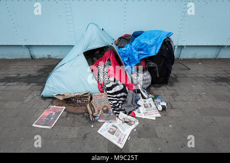 London, UK. 24th March, 2018. A Romanian couple continue to sleep rough in their tent near Whitechapel Station in East London. Credit: Guy Corbishley/Alamy Live News Stock Photo