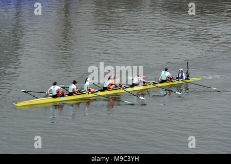 London, UK, 24 Mar 2018. Cambridge women celebrating their win just after crossing the finish line in The Cancer Research UK Women’s Boat Race.    The Boat Race is an annual rowing race between Oxford and Cambridge universities and takes place each year on the River Thames, between Putney and Mort Credit: Michael Preston/Alamy Live News Stock Photo