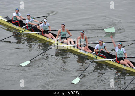 London, UK, 24 Mar 2018. Cambridge women celebrating their win just after crossing the finish line in The Cancer Research UK Women’s Boat Race.  L to R: Bow - Tricia Smith (GBR, Christ’s), Imogen Grant (GBR, Trinity), Kelsey Barolak (USA, Homerton), Thea Zabell (GBR, Downing), Paula Wesselmann (GER, Jesus), Alice White (GBR/NZL, Homerton), Myriam Goudet-Boukhatmi (FRA, Lucy Cavendish).     the victory tally b Credit: Michael Preston/Alamy Live News Stock Photo