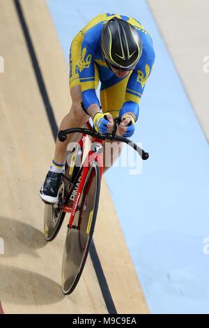 Rio De Janeiro, Brazil. 24th Mar, 2018. Yehor Dementyev of Ukraine competes during the men's C5 4km individual pursuit gold medal final of the 2018 Para-cycling Track World Championship at the Olympic Park velodrome in Barra, Rio de Janeiro, Brazil, on March 24, 2018. Yehor Dementyev took the gold by defeating Jonathan Gildea of Great Britain with 4 minutes and 31.619 seconds. Credit: Li Ming/Xinhua/Alamy Live News Stock Photo
