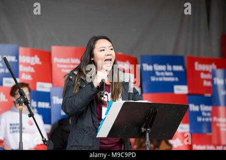 Boston, Massachusetts, USA. 24th Mar, 2018. Leslie Chiu, a native of Parkland, Florida and now a student of the Northeastern University and one of the organizers of the March for our Lives, speaks at the rally at the Boston Common. Tens of thousands of people came out to support the march and the rally in Boston Common in solidarity with dozens of anti-gun violence marches taking place throughout the county on this day. Credit: Alena Kuzub/ZUMA Wire/Alamy Live News Stock Photo