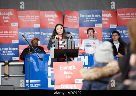 Boston, Massachusetts, USA. 24th Mar, 2018. Leslie Chiu, a native of Parkland, Florida and now a student of the Northeastern University and one of the organizers of the March for our Lives, speaks at the rally at the Boston Common. Tens of thousands of people came out to support the march and the rally in Boston Common in solidarity with dozens of anti-gun violence marches taking place throughout the county on this day. Credit: Alena Kuzub/ZUMA Wire/Alamy Live News Stock Photo