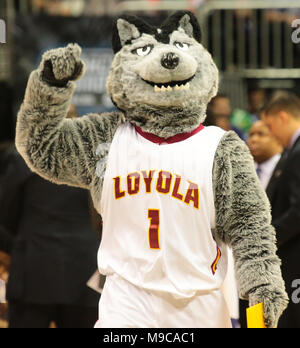 ATLANTA - MAR 24: Loyola-Chicago Ramblers mascot during the Elite 8 game against the Kansas State Wildcats at Philips Arena on March 24, 2018 in Atlanta, Georgia. Loyola-Chicago won 78-62 to advance to the Final Four. Stock Photo