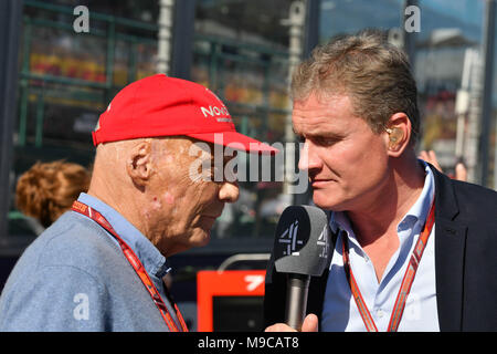 Albert Park, Melbourne, Australia. 25th Mar, 2018. Nikki Laura is interviewed on the grid prior to the start of the 2018 Australian Formula One Grand Prix at Albert Park, Melbourne, Australia. Sydney Low/Cal Sport Media/Alamy Live News Stock Photo