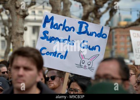 San Francisco, USA. 24th March, 2018. A sign references Marlon Bundo, a bunny belonging to US Vice President Mike Pence and satirized by British comedian John Oliver, during a demonstration against gun violence in the March For Our Lives in San Francisco, USA. Credit: Paul Jeffrey/Alamy Live News Stock Photo