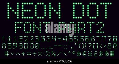 Neon dot font in green, part 2. Vector handmade alphabet consisting of neon dots. Uppercase neon digits, punctuation marks and mathematical symbols Stock Vector
