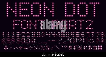Neon dot font in pink, part 2. Vector handmade alphabet consisting of neon dots. Uppercase neon digits, punctuation marks and mathematical symbols Stock Vector