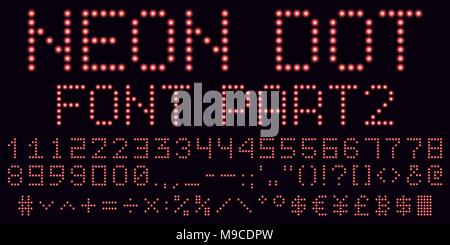 Neon dot font in red, part 2. Vector handmade alphabet consisting of neon dots. Uppercase neon digits, punctuation marks and mathematical symbols Stock Vector