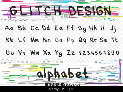 Glitch design alphabet letter set template. Colorful distortion multicolor glitched design text font. Striped random lines technology symbol collectio Stock Vector
