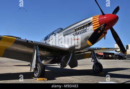 A vintage World War II-era P-51 Mustang from the Tuskegee Airmen Red Tail Squadron at Moody Air Force Base in Georgia. Stock Photo