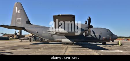 A U.S. Air Force HC-130J Combat King II based on the C-130 Hercules airframe. This HC-130J belongs the 23rd Wing of Moody Air Force Base. Stock Photo