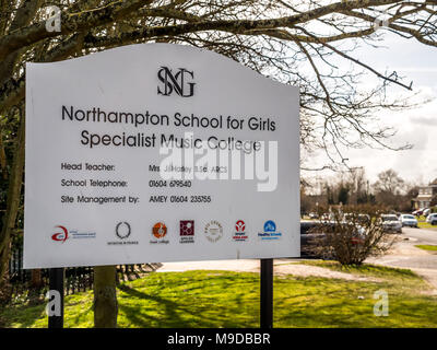 Northampton UK March 16 2018: Northampton School For Girls Specialist Music College sign post Stock Photo