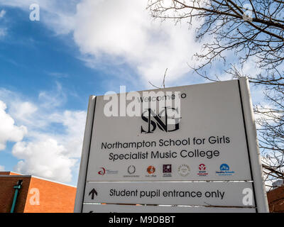 Northampton UK March 16 2018: Northampton School For Girls Specialist Music College sign post Stock Photo