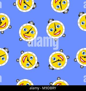 Cartoon cheerful smiling alarm clock. Vector seamless illustration for kids. Stock Vector