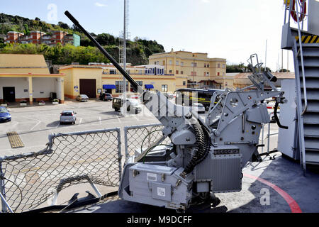 Machine gun on military ship 'Chimera' of the Italian Navy, employed in patrolling of the Mediterranean sea Stock Photo