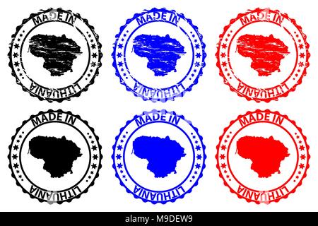 Made in Lithuania - rubber stamp - vector, Lithuania map pattern - black, blue and red Stock Vector