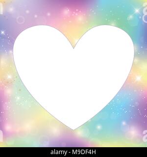 Heart frame magic border with rainbow mesh. Girlish universe banner in princess colors. Fantasy gradient photo frame with hologram. Holographic magic  Stock Vector
