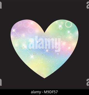Cute universe heart icon in princess colors on black. Gradient backdrop with hologram. Holographic magic background with fairy sparkles, stars and blu Stock Vector