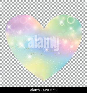 Unicorn with rainbow mesh heart icon. Kawaii universe clip art in princess colors. Fantasy gradient logo with hologram. Holographic unicorn heart labe Stock Vector