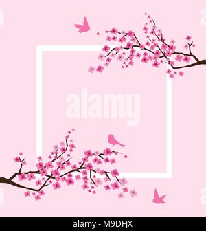 vector illustration of cherry blossom frame with pink birds Stock Vector