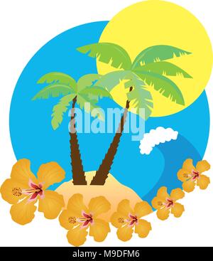Vector illustration of sea ocean beach holiday vacation island palm flowers flat design. Stock Vector