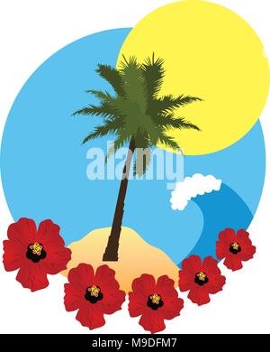 Vector illustration of sea ocean beach holiday vacation island palm flowers flat design. Stock Vector