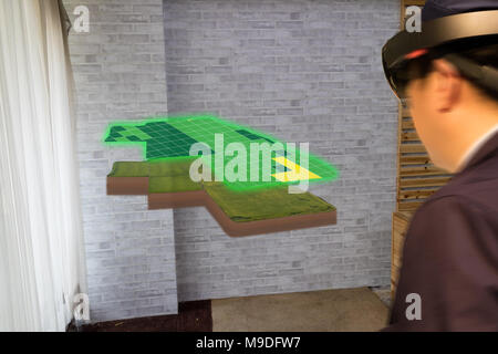 iot smart industry 4.0 agriculture concept,agronomist,farmer(blurred) using smart glasses (augmented mixed virtual reality,artificial intelligence tec Stock Photo