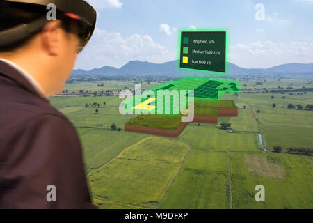 iot smart industry 4.0 agriculture concept,agronomist,farmer(blurred) using smart glasses (augmented mixed virtual reality,artificial intelligence tec Stock Photo