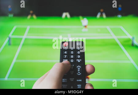 Male Hand Holding Tv Remote Control Tennis Tournament Stock Photo Alamy