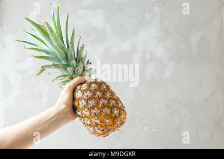 Female hand holding ripe pineapple fruit on a grey concrete background Stock Photo