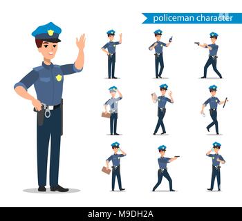 Policeman character set. Full length officer, different views, emotions, gestures, professional tools and attributes. Stock Vector