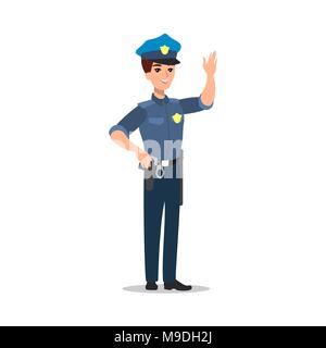 Policeman character set. Full length officer, different views, emotions, gestures, professional tools and attributes. Stock Vector
