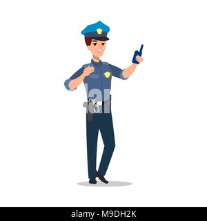 Policeman character set. Full length officer, different views, emotions, gestures, professional tools and attributes. Stock Vector