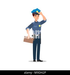 Policeman character set. Full length officer, different views, emotions, gestures, professional tools and attributes. Stock Vector