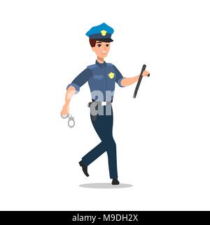 Policeman character set. Full length officer, different views, emotions, gestures, professional tools and attributes. Stock Vector