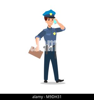 Policeman character set. Full length officer, different views, emotions, gestures, professional tools and attributes. Stock Vector