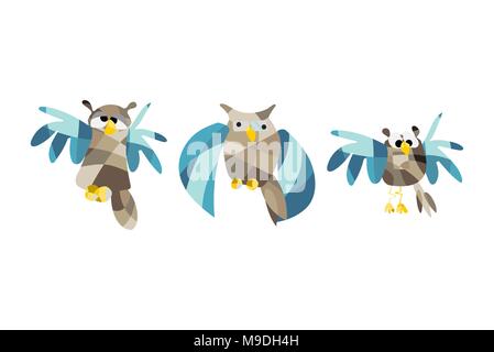 Cute owl pictures. Vector illustration set of owls in origami style Stock Vector