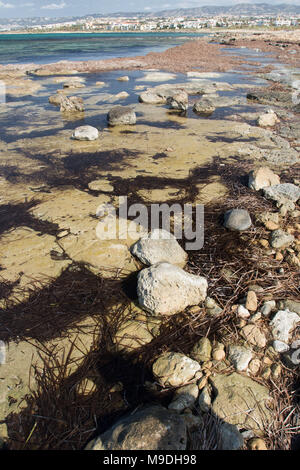 Seascape off the kato paphos coastal path on the mediterranean coast of cyprus in spring sunshine, europe Stock Photo