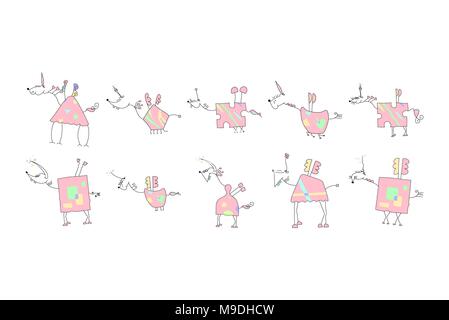 Herd of Pink Unicorns with wings and horn - Doodle Vector Illustration of a Hand Drawn Unicorn Sketch Stock Vector
