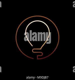 Golden glowing continuous line bulb logo on black background Stock Vector