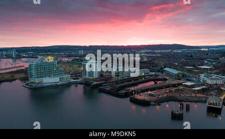 Aerial view of Cardiff Bay, South Wales, showing the St. David's Hotel during a dramatic sunset. Stock Photo