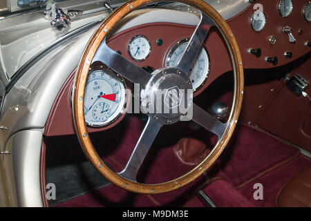 Steering wheel and dashbooard of an SS Jaguar at the London Classic Car Show 2018 Stock Photo