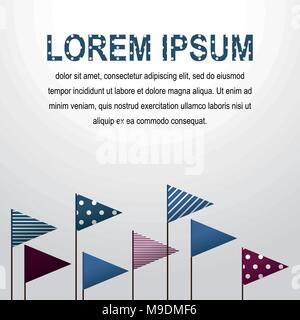Decorative flags Vector Triangular multicolored flags with different patterns raised on flagpoles against white backdrop Illustration Realistic style Stock Vector