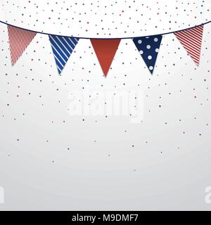 Garland flags Vector Bright vintage garland with big triangular flags with different patterns is hanging on white background with colorful confetti Stock Vector